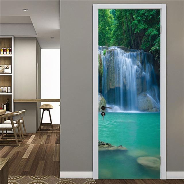 Autocollant Porte 3D Cascade Rocheuse - Effet Trompe-l'Œil Imperméable Et Amovible 88x200 Cm - Décoration Murale Pour Salon, Chambre Enfant Ou Cuisine