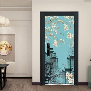 Stickers Porte Asiatique Bleu Paisible